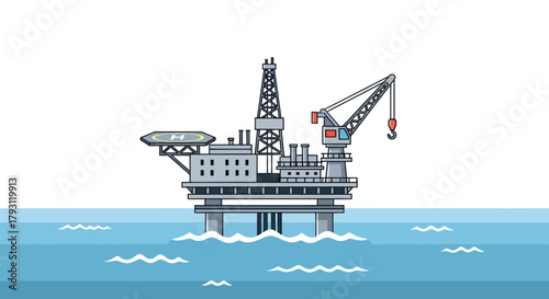 Detailed vector offshore drilling platform illustration against a serene ocean background