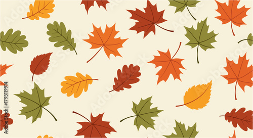 A delightful autumn leaves pattern with a variety of colorful leaves scattered across a light background, creating a warm and inviting seasonal design for various applications