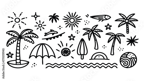 Monochrome Summer Vacation Doodle Set: Outline Style Tropical Elements, Sun, Palm Trees, Beach Umbrella, Waves, Stars, Fish, Dolphin, Surfboard, Abstract Shapes for Travel and Holiday Designs