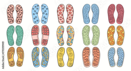 Diverse assortment of colorful shoe sole prints for footwear design and creative applications