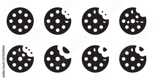 A set of circular cookies with a progressive bite taken out, showcasing a delightful progression of consumption and enjoyment