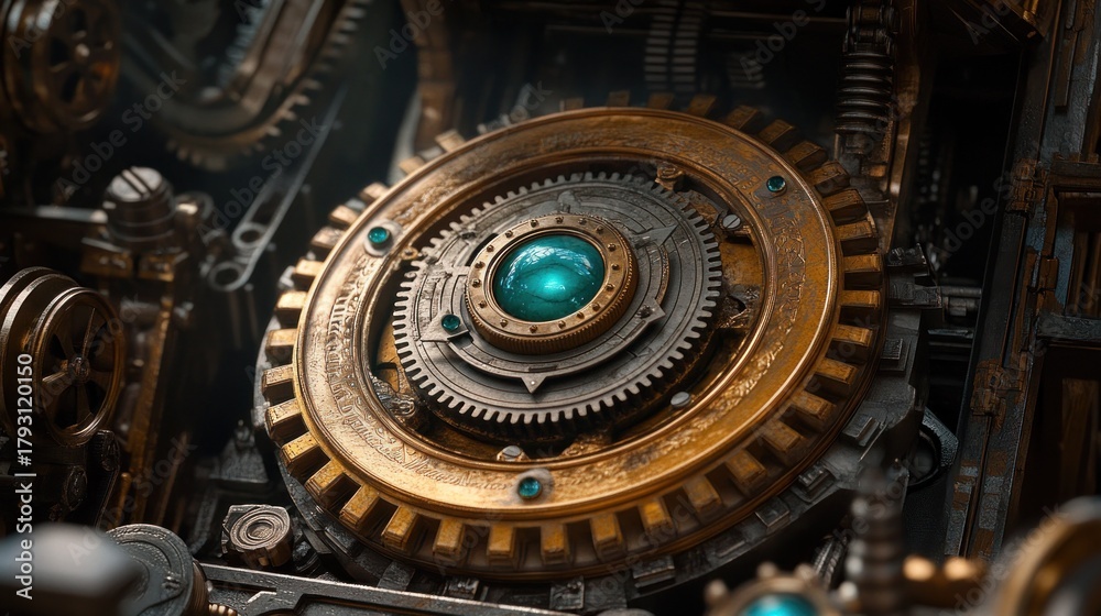 Fototapeta premium Close-up intricate gears, golden, teal jewel