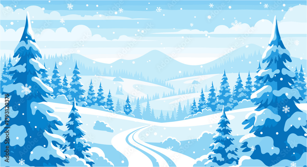 Naklejka premium Winter landscape with snowy mountains, hills, and fir trees, a winding road through the forest, a serene and peaceful scene, perfect for holiday cards and backgrounds