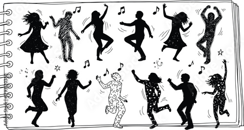 Energetic dance party sketch with music notes and silhouettes dancing people