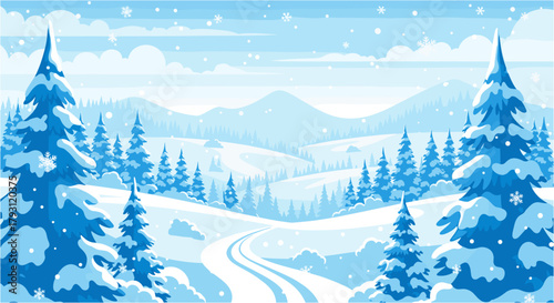 Winter landscape with snowy mountains, hills, and fir trees, a winding road through the forest, a serene and peaceful scene, perfect for holiday cards and backgrounds