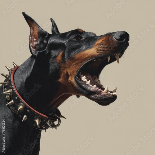 Doberman's Powerful Bark: A close-up shot showcases the raw energy of a doberman, baring its teeth in a commanding display, highlighting its strength and the protective instinct of the breed.