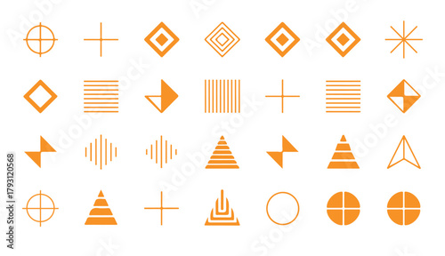 Geometric shapes and abstract symbols in orange, a collection of minimalist icons for design and branding, clean and modern graphic elements