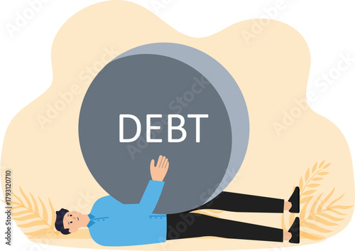 the concept of lack of money and debt. Troubled young businessman lifting iron ball as debt on back feeling bad concept
