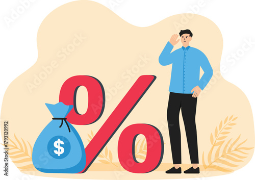 Tax payment and man standing beside a sack of money, debt payment and tax deduction concept
