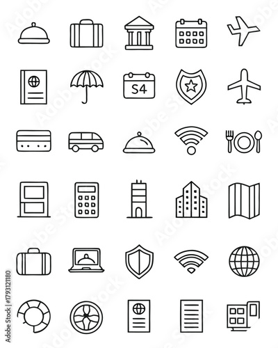 Collection of Travel And Business Icons In A Grid Layout airplane suitcase