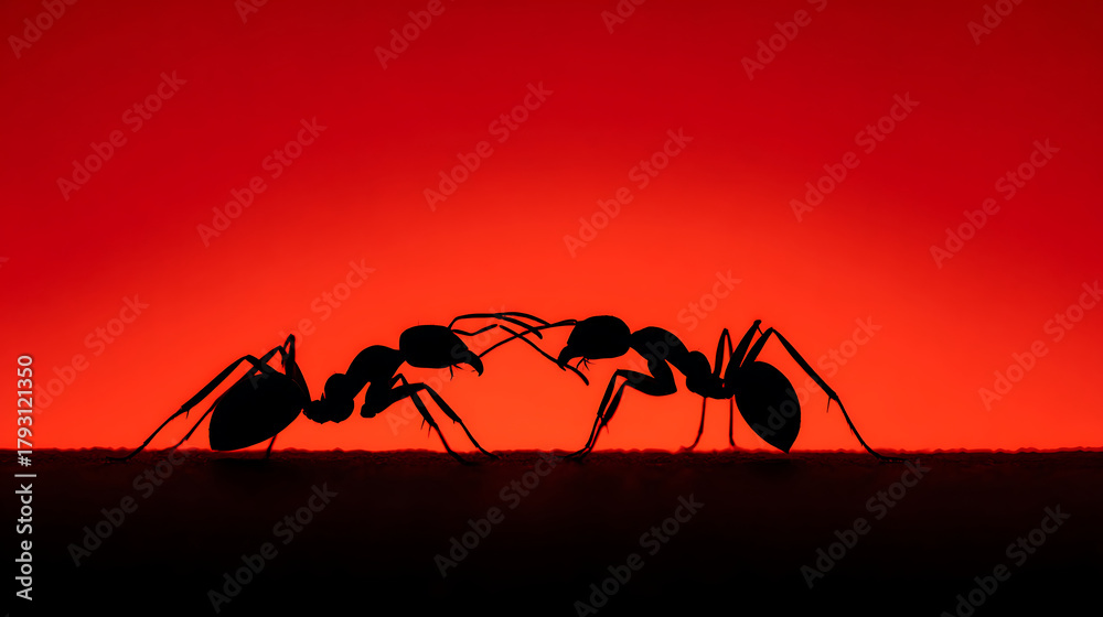 Fototapeta premium Dramatic Confrontation Between Two Silhouette Ants Against a Fiery Red Sky