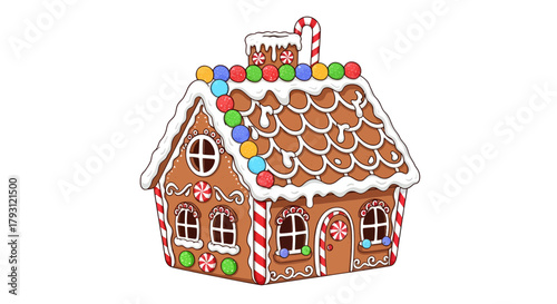 A whimsical gingerbread house adorned with colorful candies and icing details illustration