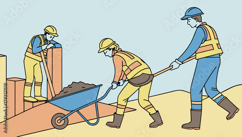 Supervisors checking material delivery, workers managing cement and sand at construction site, isometric illustration.