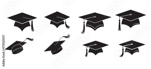 Eight black mortarboard vector illustrations, representing academic success, university graduation, and scholastic achievement, education
