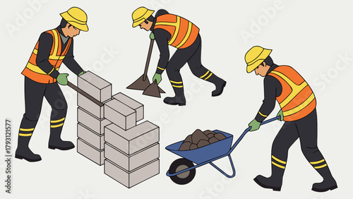 Supervisors overseeing material delivery at construction site, workers handling cement and sand, isometric isolated vector.