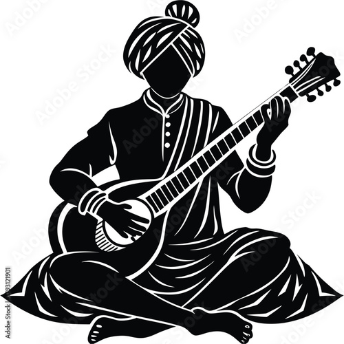 Indian Musician Playing Veena Silhouette Art Vector Graphic Design on White Background