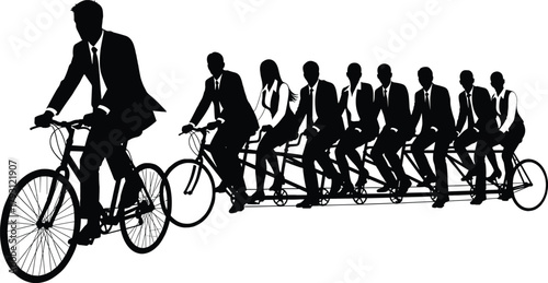 Black silhouette of business people riding a tandem bicycle, business, people, silhouette, bicycle, tandem, teamwork, collaboration, group, men, women, suits, ties, white background, riding, cycling, 