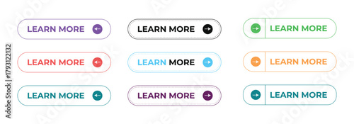 A diverse collection of colorful 'learn more' call-to-action buttons with icons for website and application design