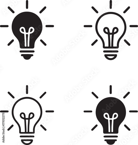 Isolated Creative Idea Bulb black vector icon set, idea bulb icons, innovation light inspiration design, solid black outline filled minimal thin stroke, creativity and imagination symbols