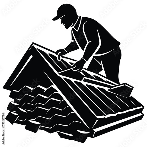 Roofer Silhouette Installing Tiles on Roof, Black and White Style on White Background