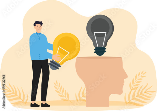 human head with dead light bulb Mentor's hand gives new ideas. Concept of brainstorming improvement of thinking. Guidance  business coach helps startup development concept

