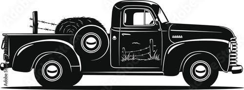 Black silhouette of vintage pickup truck with hay bale and barbed wire, pickup truck, vintage truck, old truck, silhouette, black and white, farm, rural, hay bale, straw, barbed wire, fence, grass, co