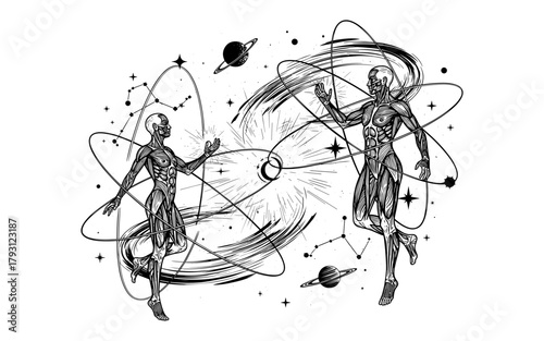 Cosmic anatomy: human figures and celestial elements in detailed line art