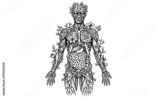 Intricate botanical human anatomy with floral details and organic patterns