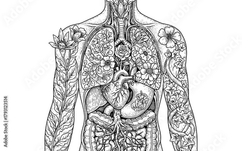 Floral anatomy art: intricate botanical body diagram with flowers and organs