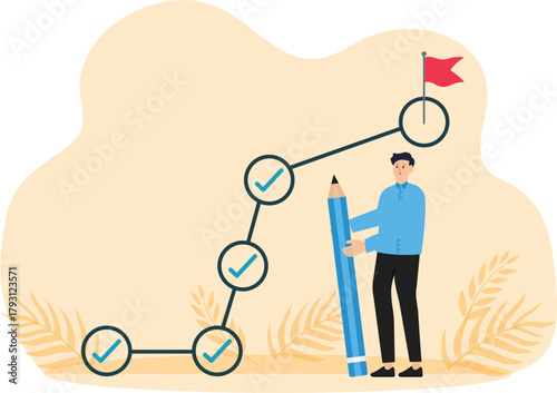 Strategic planning workflow or project progress, tracking business strategy steps brainstorming or competitor analysis, business success and business planning.
