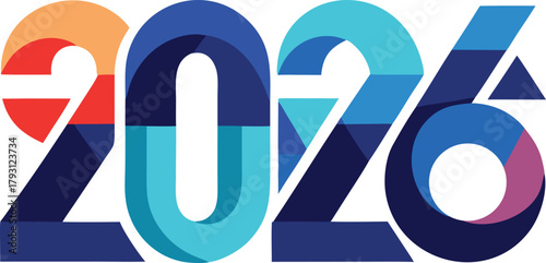 A bold and modern "2026" number design featuring a geometric, layered style in a vibrant palette of blue, red, and orange