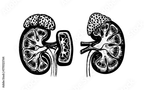 Detailed anatomical drawing of human kidneys with adrenal glands in black and white