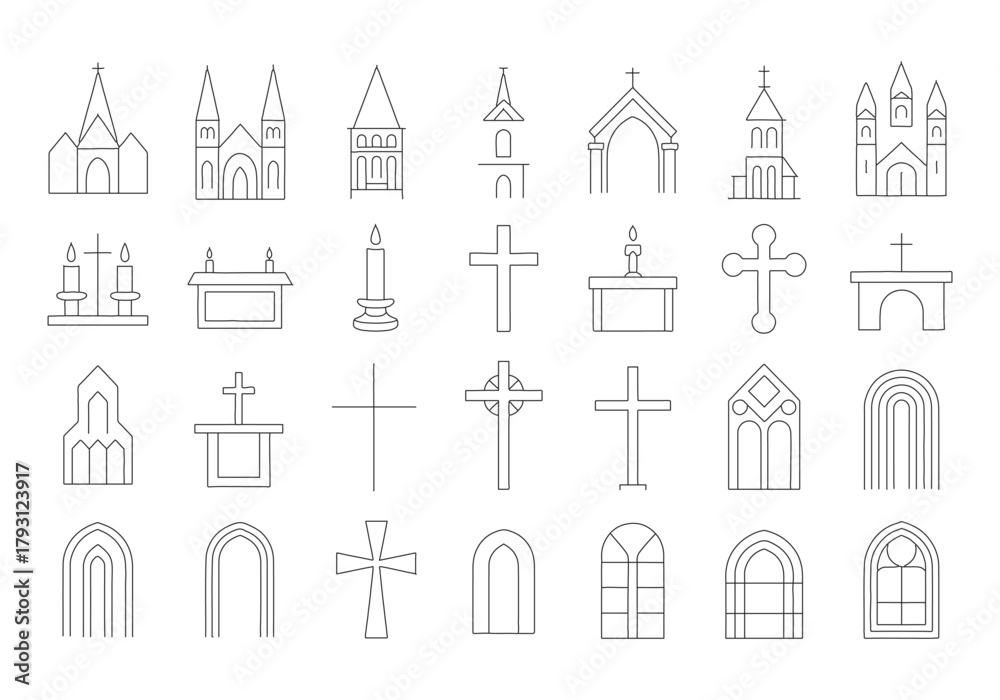 Fototapeta premium Minimal church and religious architecture line art icon collection