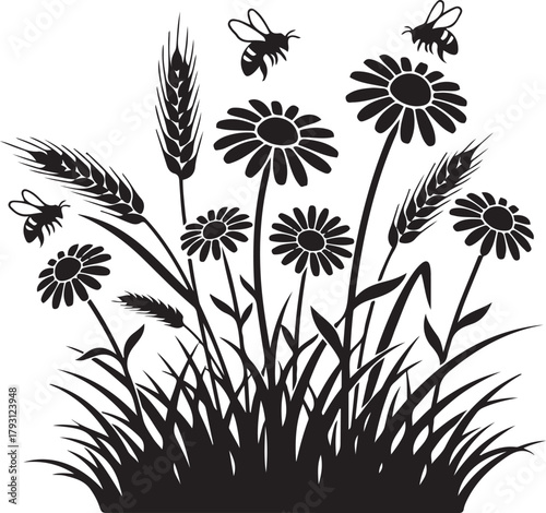 Black and White Silhouette of Daisies Wheat and Bees in Grass Field flowers stalks