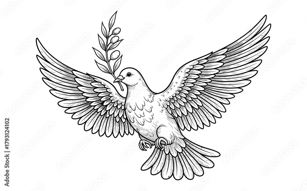 Obraz premium Hand drawn dove with olive branch symbolizing peace in linear style
