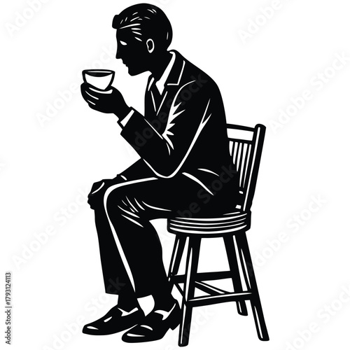 Elegant Drinker Silhouette: Man Enjoying Coffee or Tea in Simple Black and White on White Background