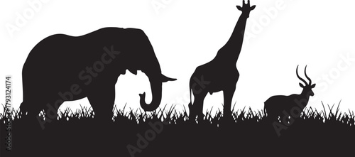Black Silhouettes of Elephant Giraffe and Antelope in Grassy Savannah Landscape Keywords: elephant, giraffe