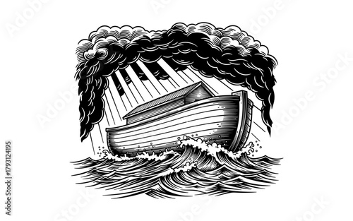 Vintage woodcut of ark amidst waves and dramatic clouds in black and white
