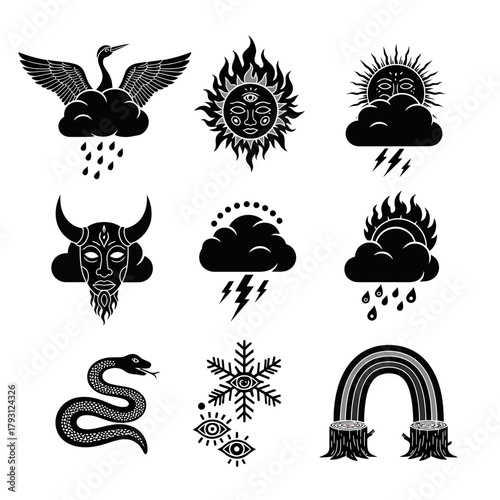 Fantasy Weather and Mythical Creature Icon Set – Storm Cloud, Rainbow, Griffin, Serpent and Symbols

