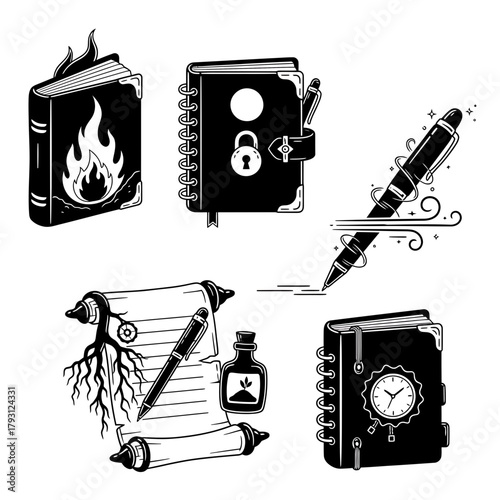 Mystic Spellbook and Magical Writing Elements – Enchanted Books, Scrolls, Potions and Quill Set

