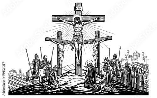 Intricate black and white depiction of biblical crucifixion scene with detailed figures
