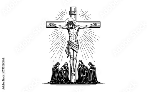 Detailed crucifixion scene with jesus on the cross and mourning figures