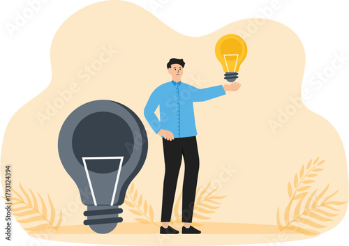Visionaries sit on giant light bulbs and look through binoculars looking for funding or venture money financing search landing page template. Startups need funding for launch,
