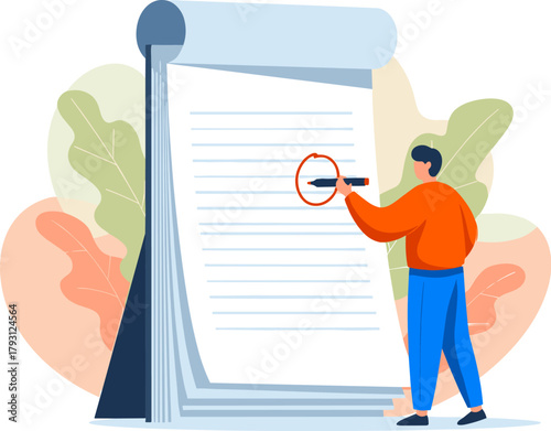 A man is standing in front of a large notepad, reviewing the content and circling a specific item with a pen, indicating attention to detail and focus on the task at hand