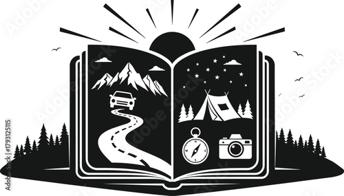 Open book with road trip and camping scenes mountains, book, open book, road, car, mountains, camping, tent, trees, forest, compass, camera, sun, sunrise, sunset, stars, night, sky, birds, travel, adv