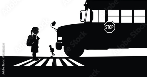 Silhouette children crossing street near school bus, school bus, children, crossing, street, silhouette, black and white, pedestrian crossing, zebra crossing, stop sign, transportation, education, bac