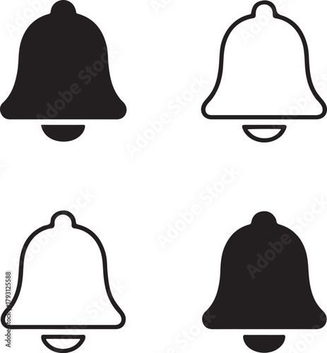 Isolated Notification Bell black vector icon set, notification bell icons, alert reminder update digital interface, solid black outline filled minimal thin stroke, online message alarm symbols