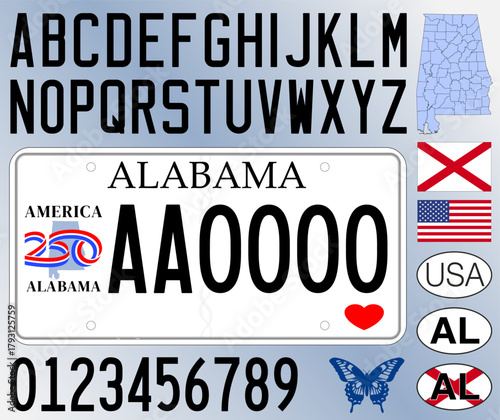 Alabama car license plate for the 250th Semiquincentennial 2026, letters, numbers and symbols, vector illustration, United States