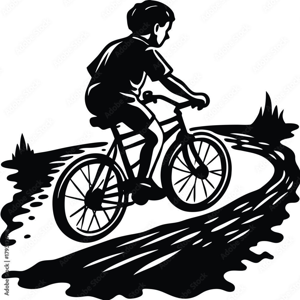 Naklejka premium Boy's Bicycle Ride Silhouette on a Curvy Path for Outdoor Adventures on White Background