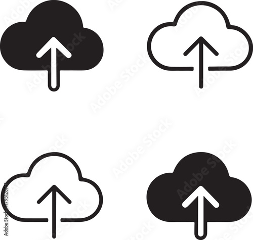 Isolated Cloud Backup black vector icon set, cloud backup icons, online storage data protection technology, solid black outline filled minimal thin stroke, digital file save secure symbols